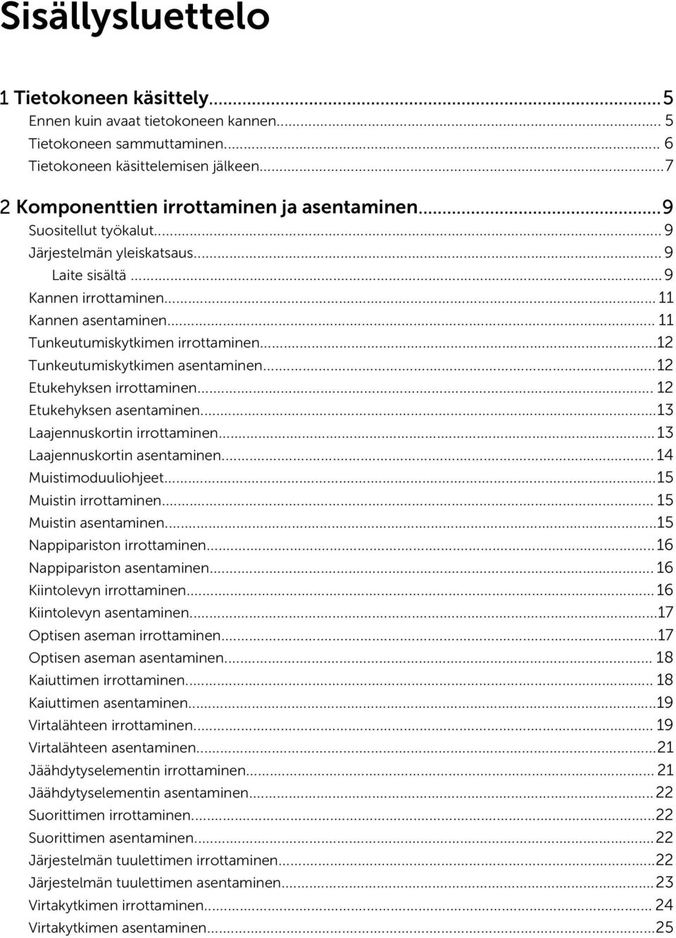 ..12 Etukehyksen irrottaminen... 12 Etukehyksen asentaminen...13 Laajennuskortin irrottaminen... 13 Laajennuskortin asentaminen... 14 Muistimoduuliohjeet...15 Muistin irrottaminen.