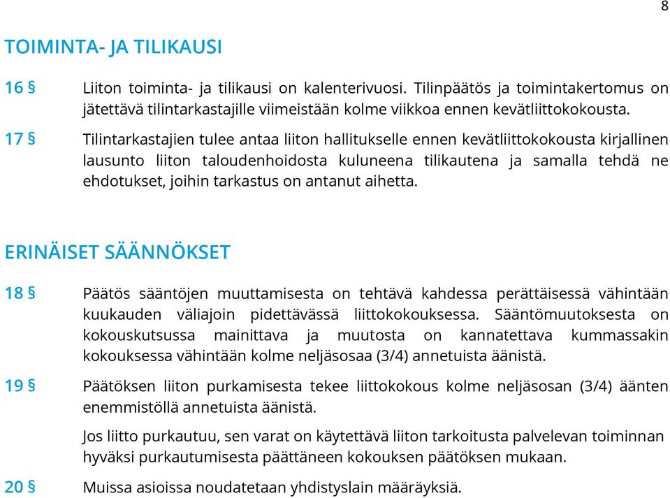 antanut aihetta. ERINÄISET SÄÄNNÖKSET 18 Päätös sääntöjen muuttamisesta on tehtävä kahdessa perättäisessä vähintään kuukauden väliajoin pidettävässä liittokokouksessa.