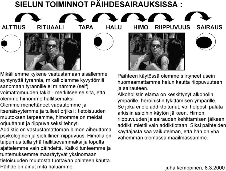 Addiktio on vastustamattoman himon aiheuttama psykologinen ja sielullinen riippuvuus. Himolla on taipumus tulla yhä hallitsevammaksi ja lopulta ajattelemme vain päihdettä.