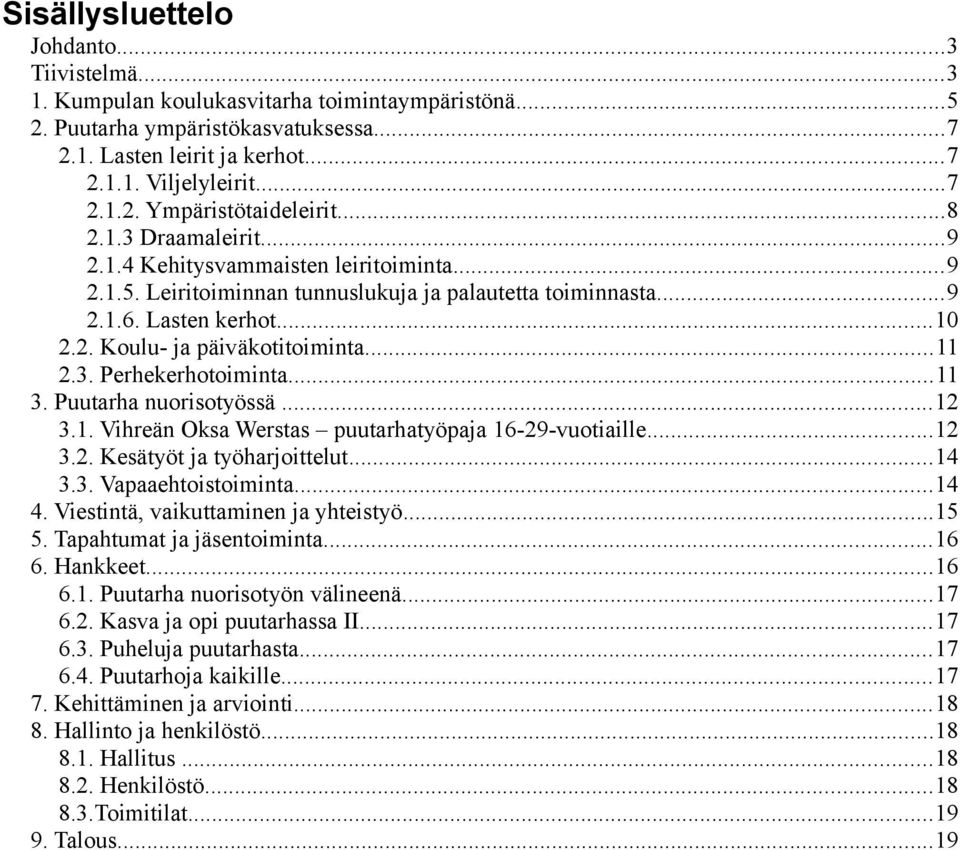 3. Perhekerhotoiminta...11 3. Puutarha nuorisotyössä...12 3.1. Vihreän Oksa Werstas puutarhatyöpaja 16-29-vuotiaille...12 3.2. Kesätyöt ja työharjoittelut...14 3.3. Vapaaehtoistoiminta...14 4.