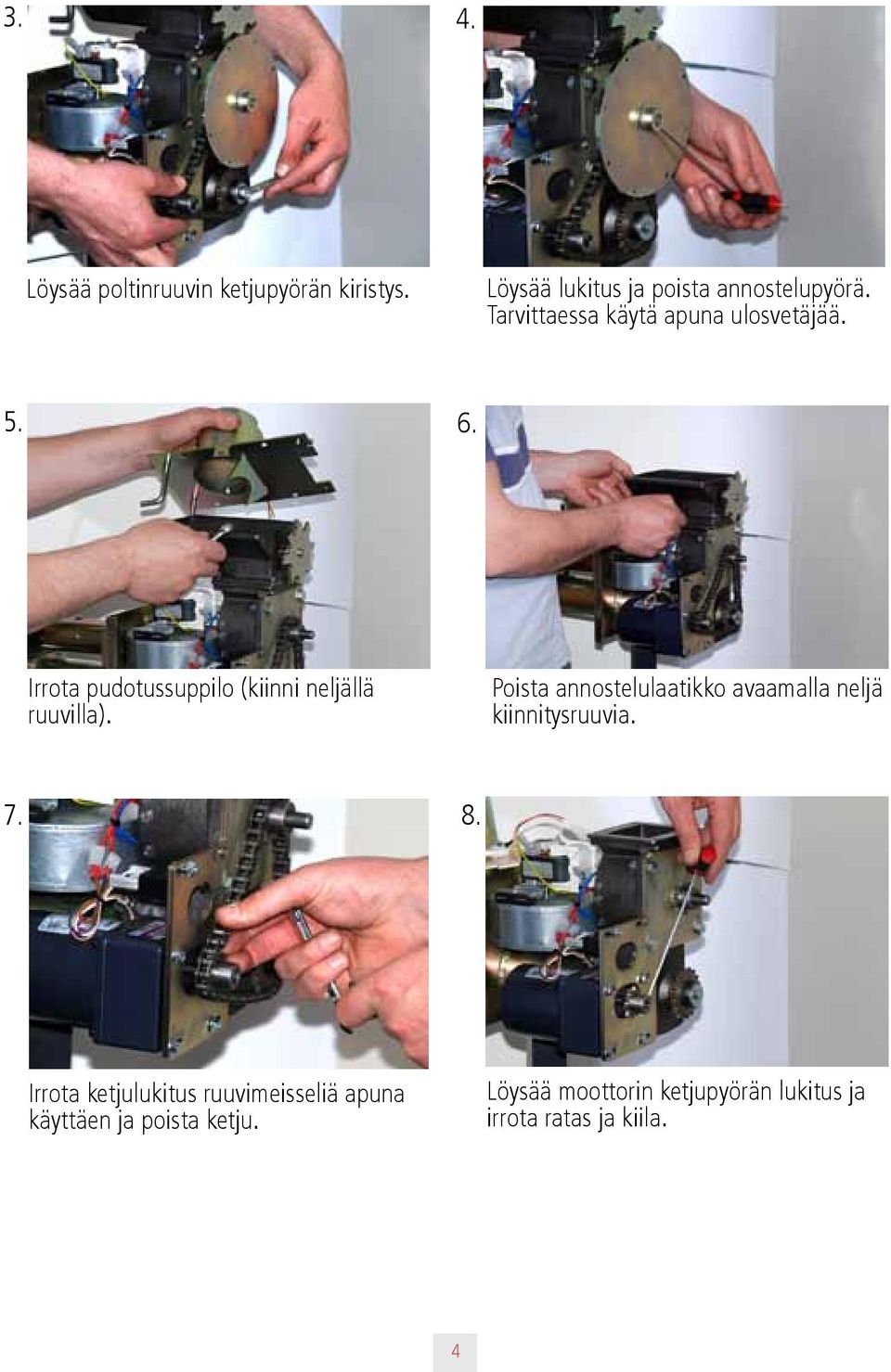 Poista annostelulaatikko avaamalla neljä kiinnitysruuvia. 7. 8.