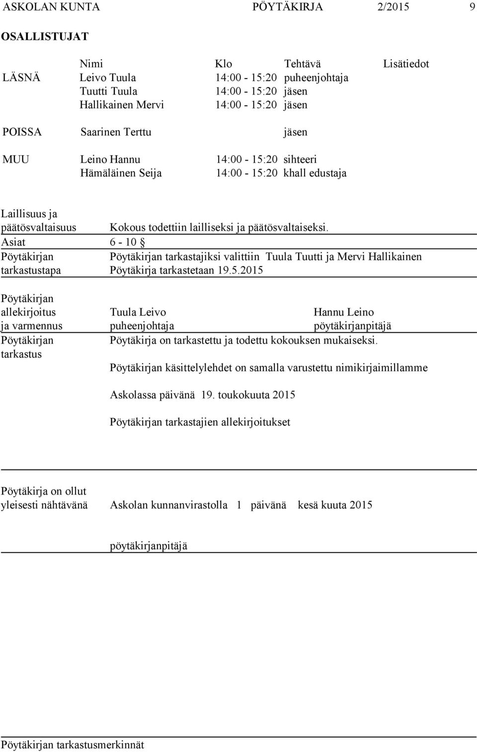 Asiat 6-10 Pöytäkirjan Pöytäkirjan tarkastajiksi valittiin Tuula Tuutti ja Mervi Hallikainen tarkastustapa Pöytäkirja tarkastetaan 19.5.