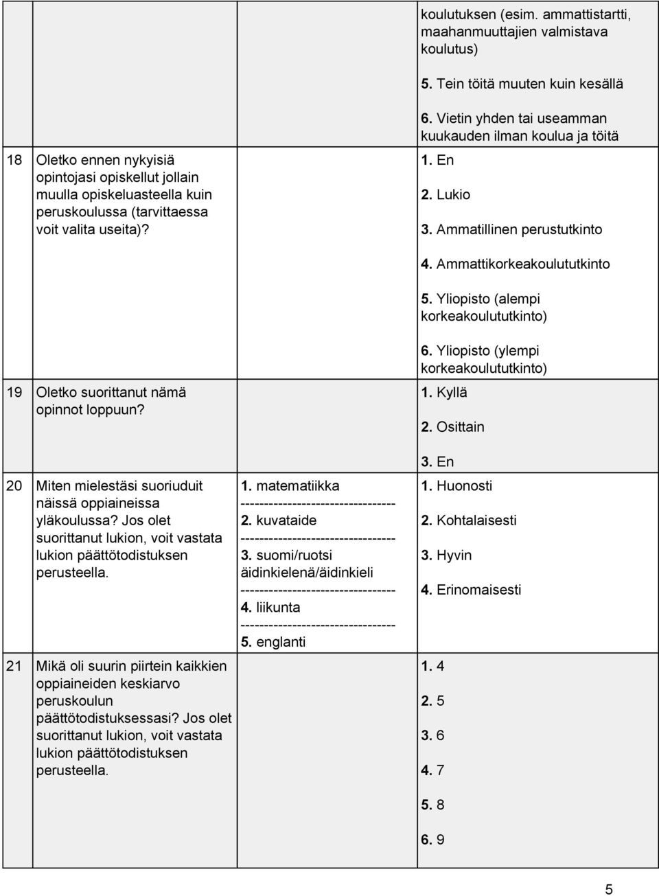 Vietin yhden tai useamman kuukauden ilman koulua ja töitä 1. En 2. Lukio 3. Ammatillinen perustutkinto 4. Ammattikorkeakoulututkinto 5.