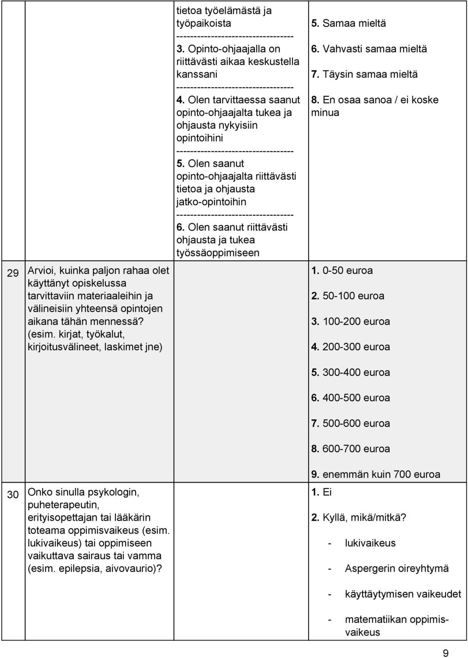 lukivaikeus) tai oppimiseen vaikuttava sairaus tai vamma (esim. epilepsia, aivovaurio)? tietoa työelämästä ja työpaikoista 3. Opinto ohjaajalla on riittävästi aikaa keskustella kanssani 4.