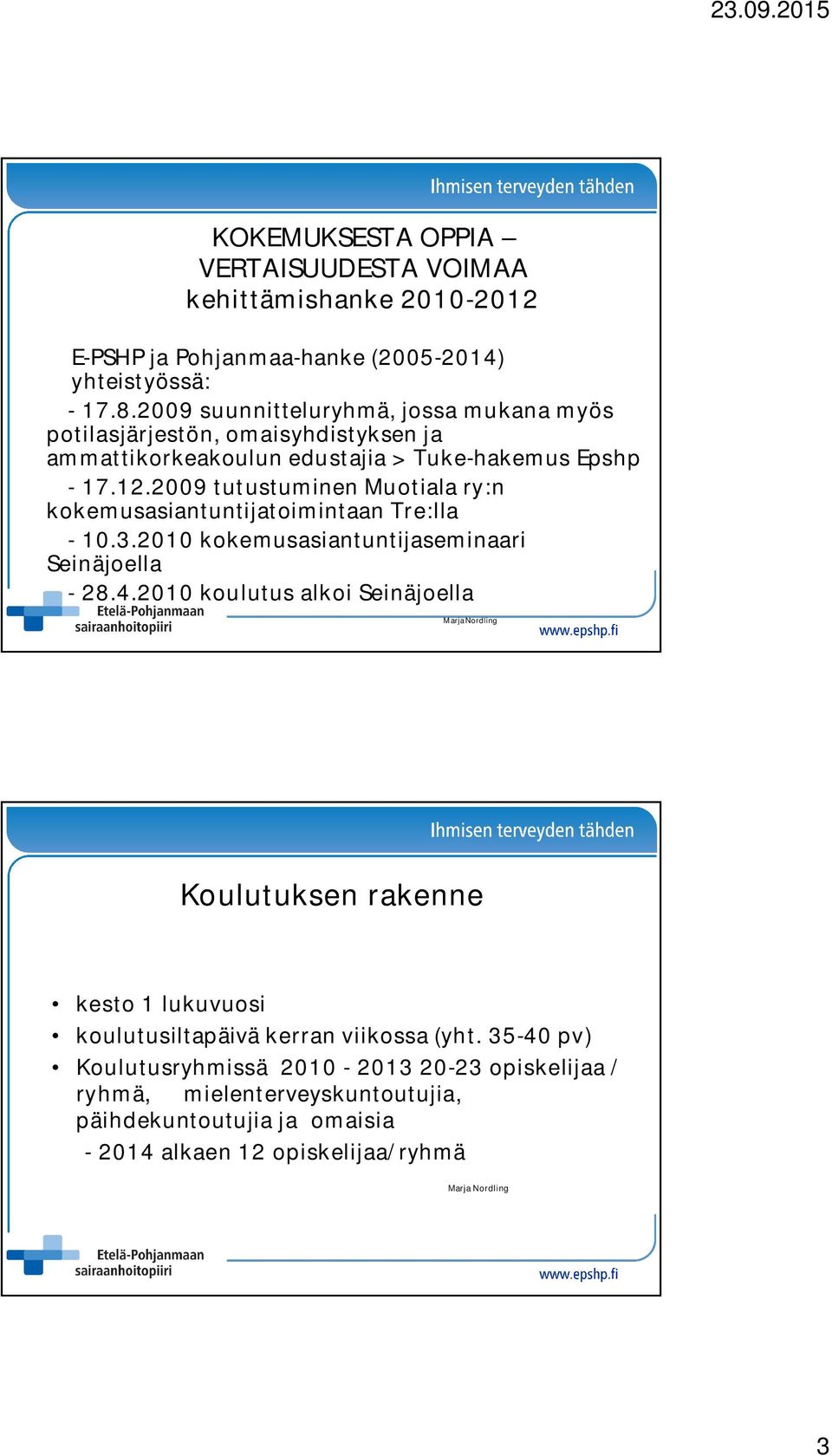 2009 tutustuminen Muotiala ry:n kokemusasiantuntijatoimintaan Tre:lla - 10.3.2010 kokemusasiantuntijaseminaari Seinäjoella - 28.4.