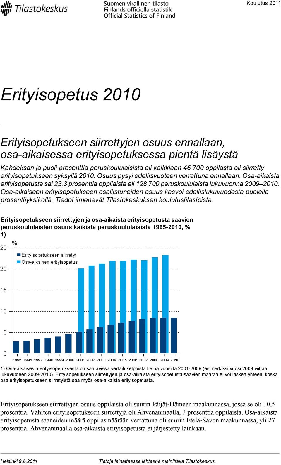 Osa-aikaista erityisopetusta sai 23,3 prosenttia oppilaista eli 128 700 peruskoululaista lukuvuonna 2009 2010.