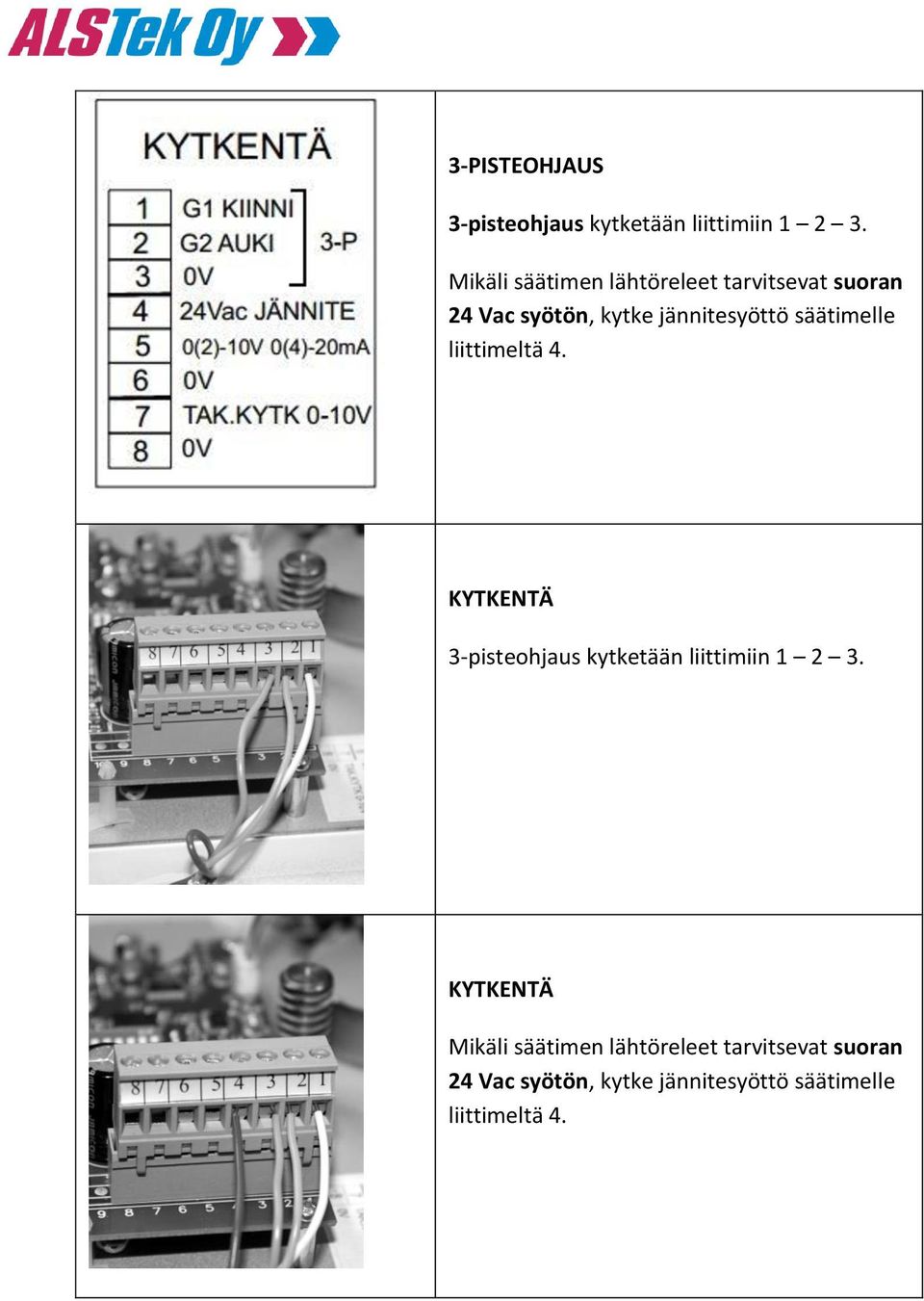 säätimelle liittimeltä 4. KYTKENTÄ 3-pisteohjaus kytketään liittimiin 1 2 3.