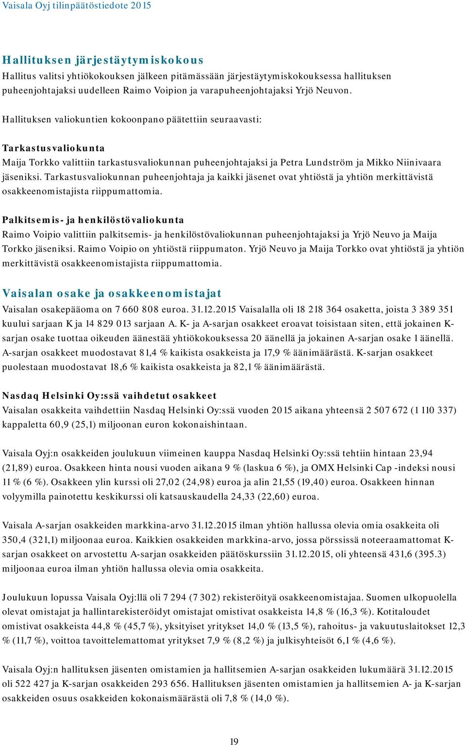 Tarkastusvaliokunnan puheenjohtaja ja kaikki jäsenet ovat yhtiöstä ja yhtiön merkittävistä osakkeenomistajista riippumattomia.