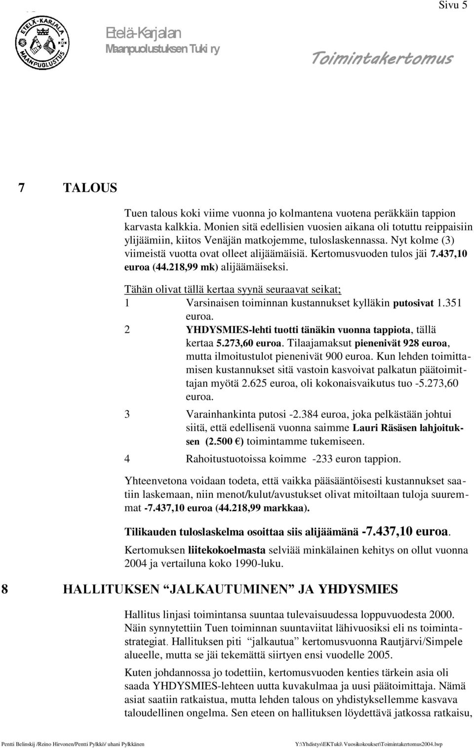 Kertomusvuoden tulos jäi 7.437,10 euroa (44.218,99 mk) alijäämäiseksi. Tähän olivat tällä kertaa syynä seuraavat seikat; 1 Varsinaisen toiminnan kustannukset kylläkin putosivat 1.351 euroa.