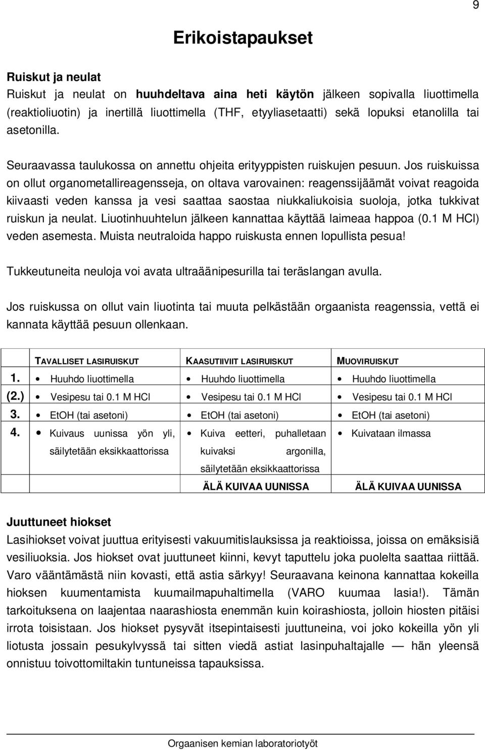 Jos ruiskuissa on ollut organometallireagensseja, on oltava varovainen: reagenssijäämät voivat reagoida kiivaasti veden kanssa ja vesi saattaa saostaa niukkaliukoisia suoloja, jotka tukkivat ruiskun