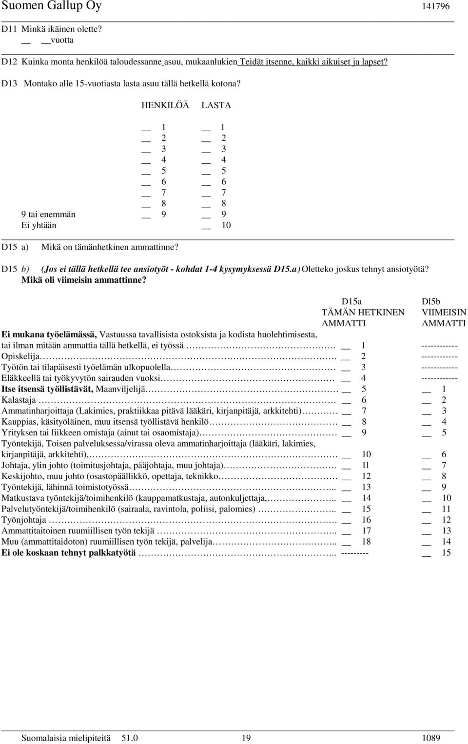 a) Oletteko joskus tehnyt ansiotyötä? Mikä oli viimeisin ammattinne?