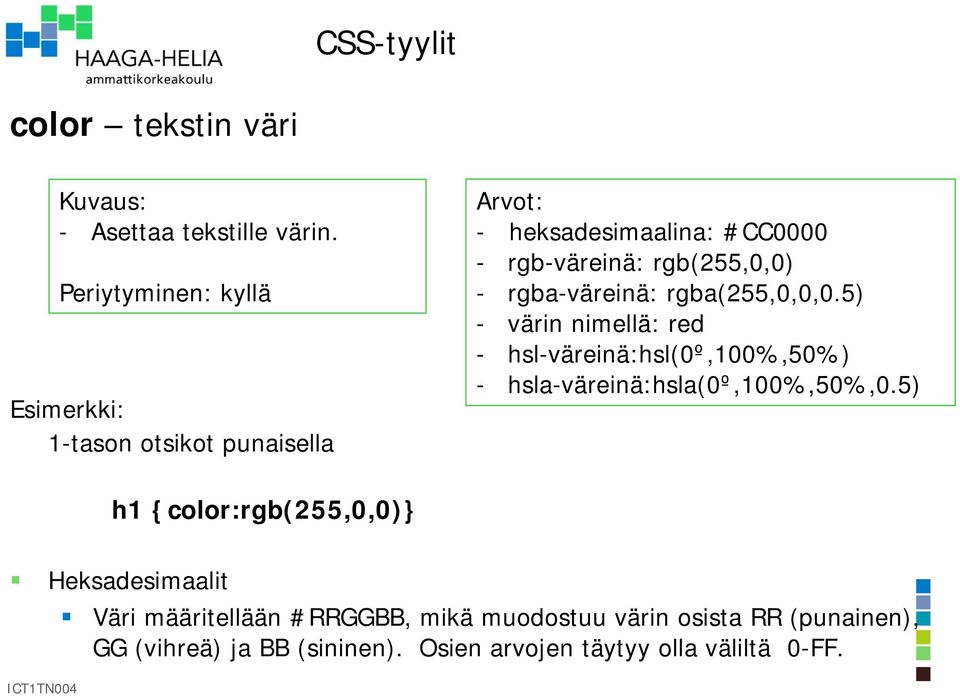 - rgba-väreinä: rgba(255,0,0,0.5) - värin nimellä: red - hsl-väreinä:hsl(0º,100%,50%) - hsla-väreinä:hsla(0º,100%,50%,0.
