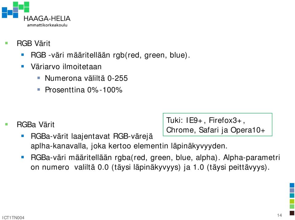 Chrome, Safari ja Opera10+ RGBa-värit laajentavat RGB-värejä aplha-kanavalla, joka kertoo elementin