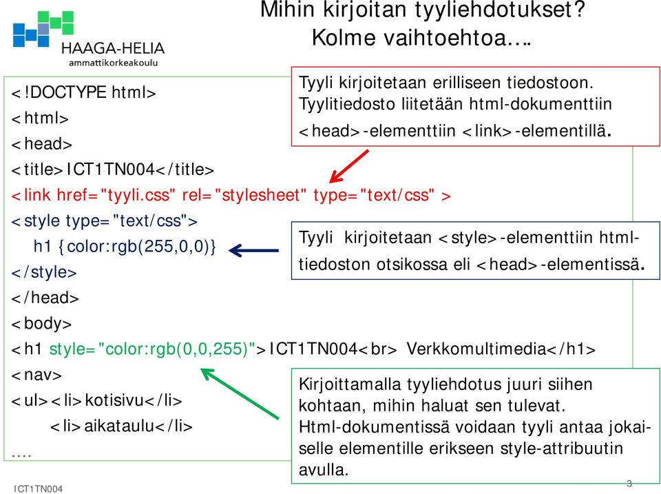 css" rel="stylesheet" type="text/css" > <style type="text/css"> h1 {color:rgb(255,0,0)} Tyyli kirjoitetaan <style>-elementtiin htmltiedoston otsikossa eli <head>-elementissä.