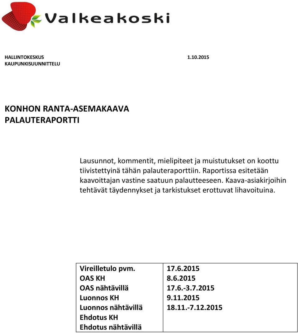 koottu tiivistettyinä tähän palauteraporttiin. Raportissa esitetään kaavoittajan vastine saatuun palautteeseen.