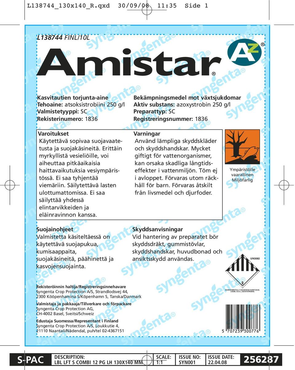 azoxystrobin 250 g/l Preparattyp: SC Registreringsnummer: 1836 Varoitukset Käytettävä sopivaa suojavaatetusta ja suojakäsineitä.