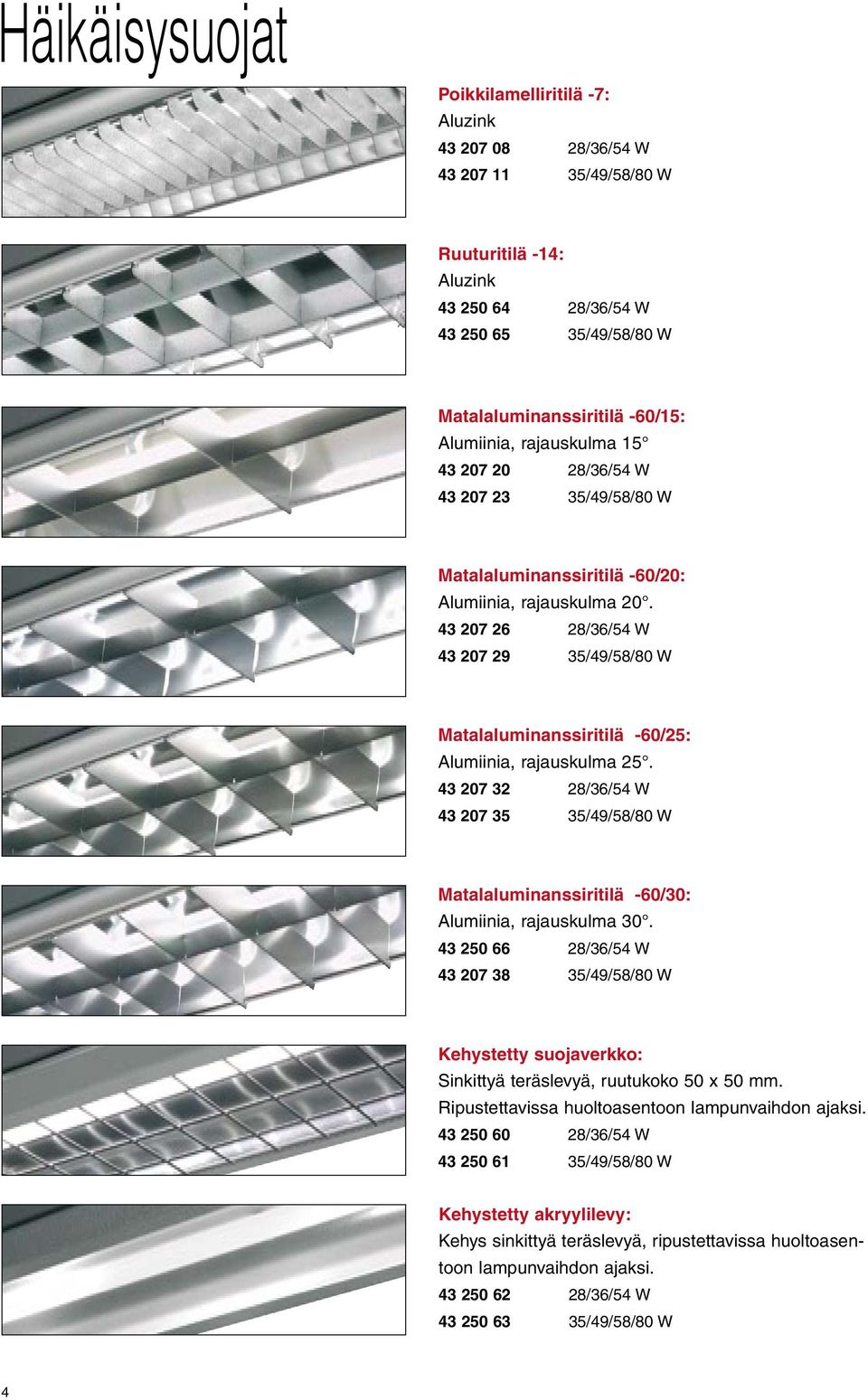 43 207 26 28/36/54 W 43 207 29 35/49/58/80 W Matalaluminanssiritilä -60/25: Alumiinia, rajauskulma 25.