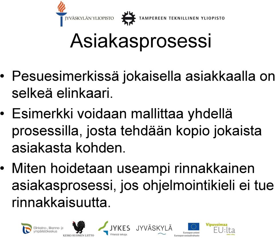 Esimerkki voidaan mallittaa yhdellä prosessilla, josta tehdään