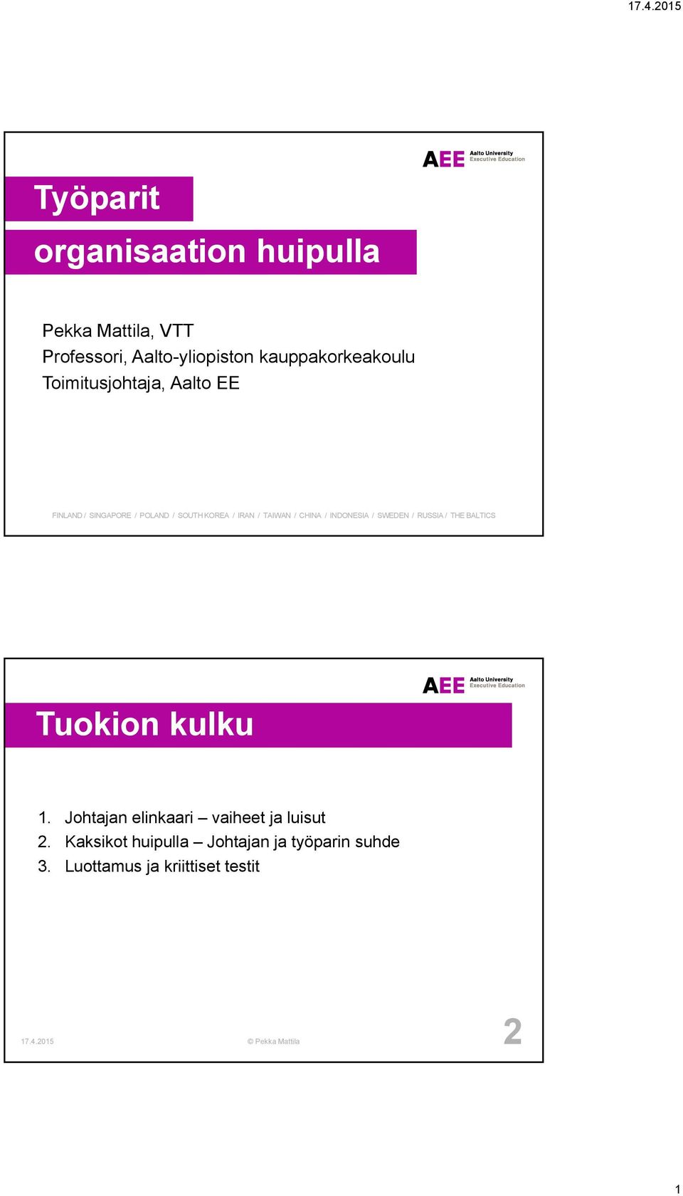 INDONESIA / SWEDEN / RUSSIA / THE BALTICS Tuokion kulku 1. Johtajan elinkaari vaiheet ja luisut 2.