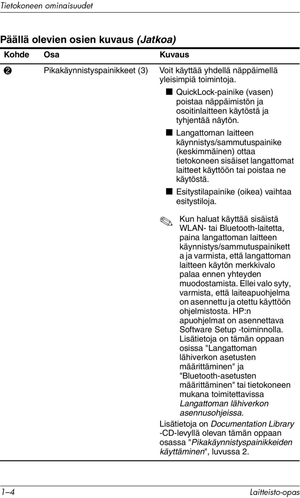 Langattoman laitteen käynnistys/sammutuspainike (keskimmäinen) ottaa tietokoneen sisäiset langattomat laitteet käyttöön tai poistaa ne käytöstä. Esitystilapainike (oikea) vaihtaa esitystiloja.