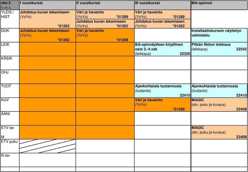 *01262 *01262 DOK Johdatus kuvan tekemiseen Väri ja havainto Installaatiokurssin näyttelyn valmistelu *01262 *01289 LEIK BA-opinnäytteen kirjallinen