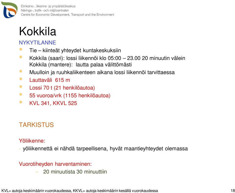 615 m Lossi 70 t (21 henkilöautoa) 55 vuoroa/vrk (1155 henkilöautoa) KVL 341, KKVL 525 TARKISTUS Yöliikenne: - yöliikennettä ei nähdä