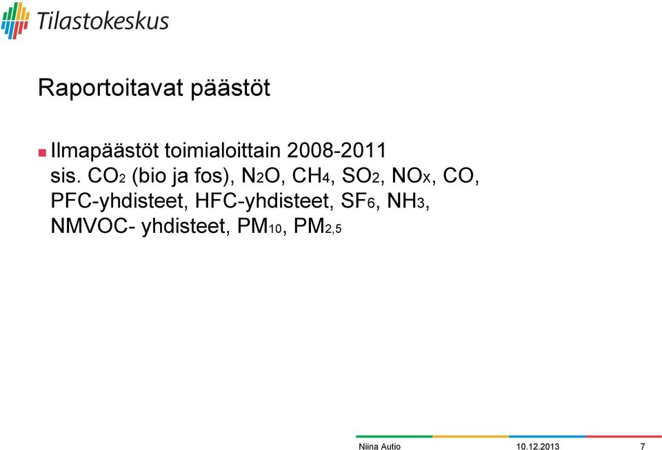 CO2 (bio ja fos), N2O, CH4, SO2, NOX, CO,