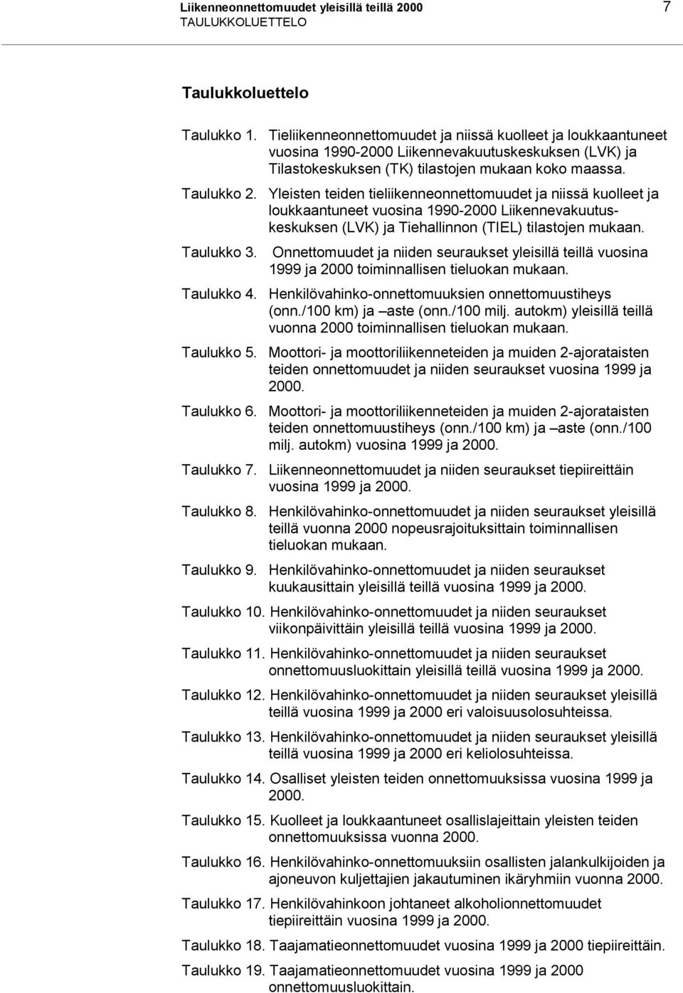 Yleisten teiden tieliikenneonnettomuudet ja niissä kuolleet ja loukkaantuneet vuosina 1990-2000 Liikennevakuutuskeskuksen (LVK) ja Tiehallinnon (TIEL) tilastojen mukaan. Taulukko 3.