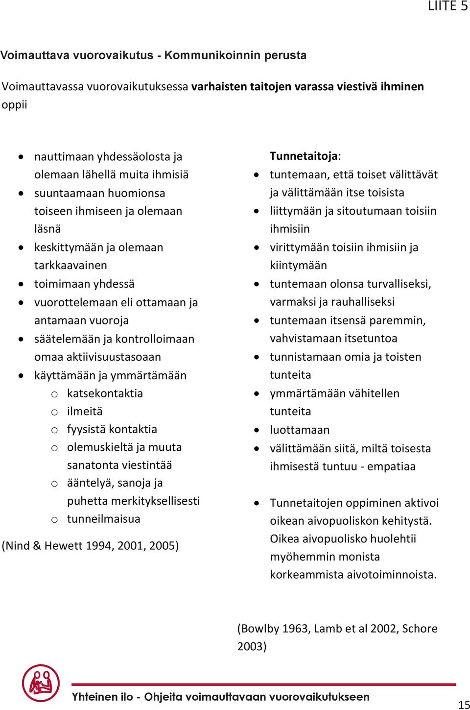 nauttimaan yhdessäolosta ja olemaan lähellä muita ihmisiä suuntaamaan huomionsa toiseen ihmiseen ja olemaan läsnä keskittymään ja olemaan tarkkaavainen toimimaan yhdessä vuorottelemaan eli ottamaan