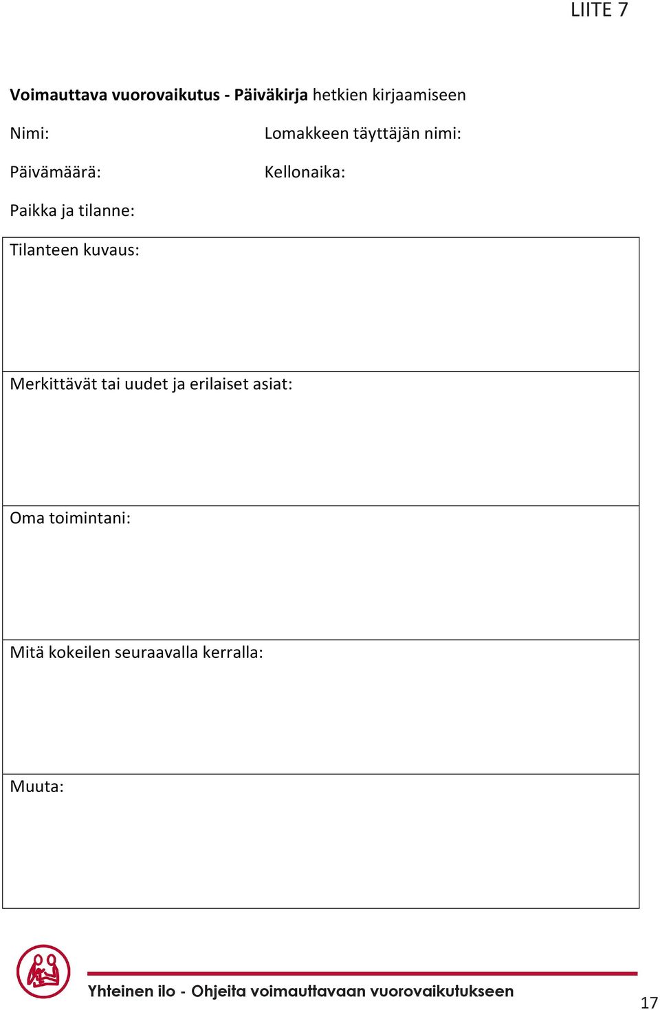 Päivämäärä: Lomakkeen täyttäjän nimi: Kellonaika: Paikka ja tilanne: