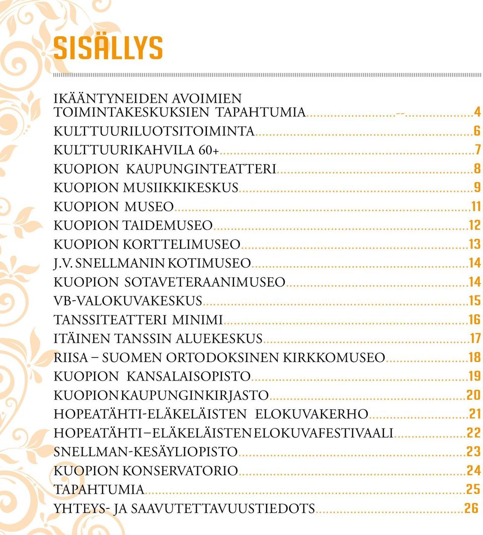 ..14 VB-VALOKUVAKESKUS...15 TANSSITEATTERI MINIMI...16 ITÄINEN TANSSIN ALUEKESKUS...17 RIISA SUOMEN ORTODOKSINEN KIRKKOMUSEO...18 KUOPION KANSALAISOPISTO.