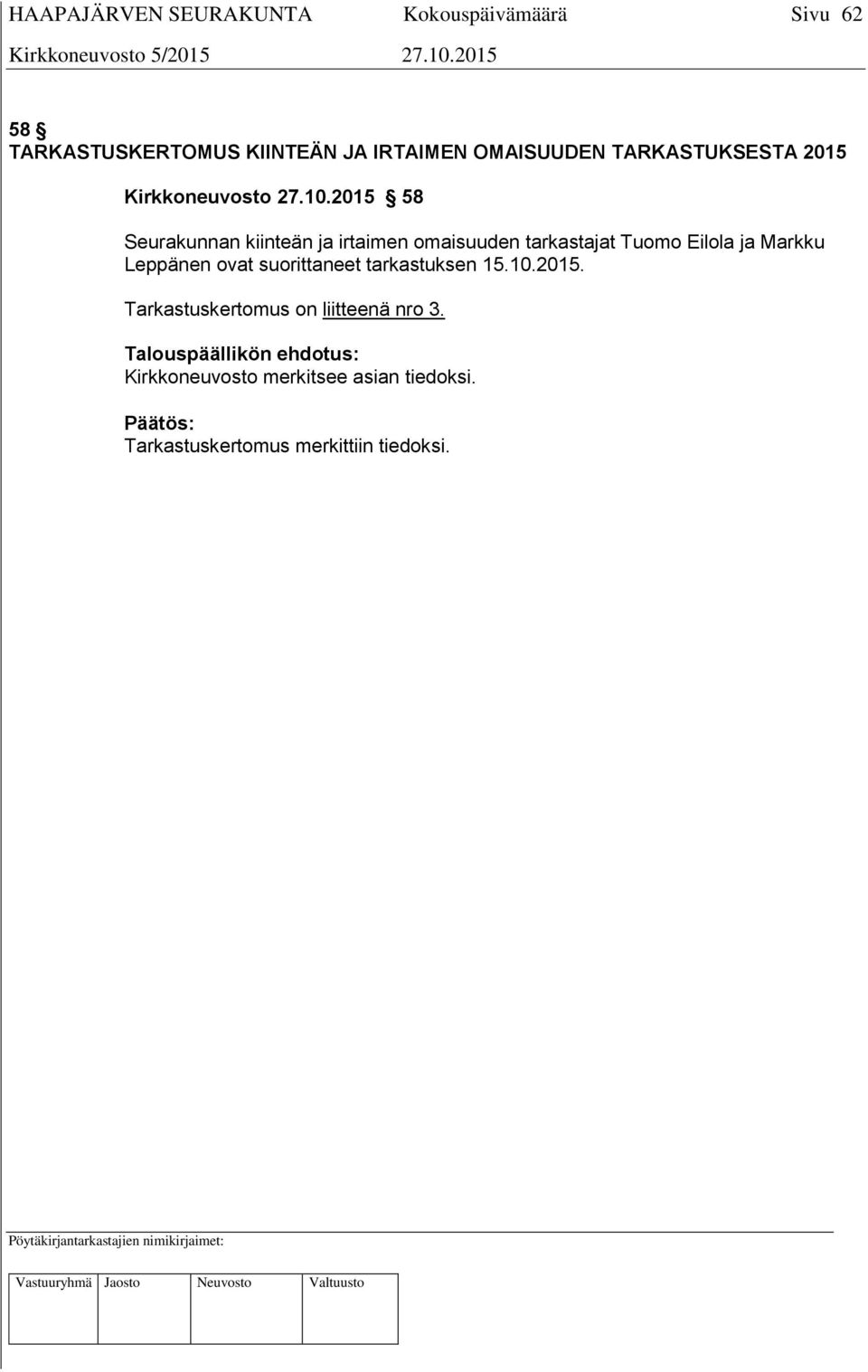 Leppänen ovat suorittaneet tarkastuksen 15.10.2015. Tarkastuskertomus on liitteenä nro 3.