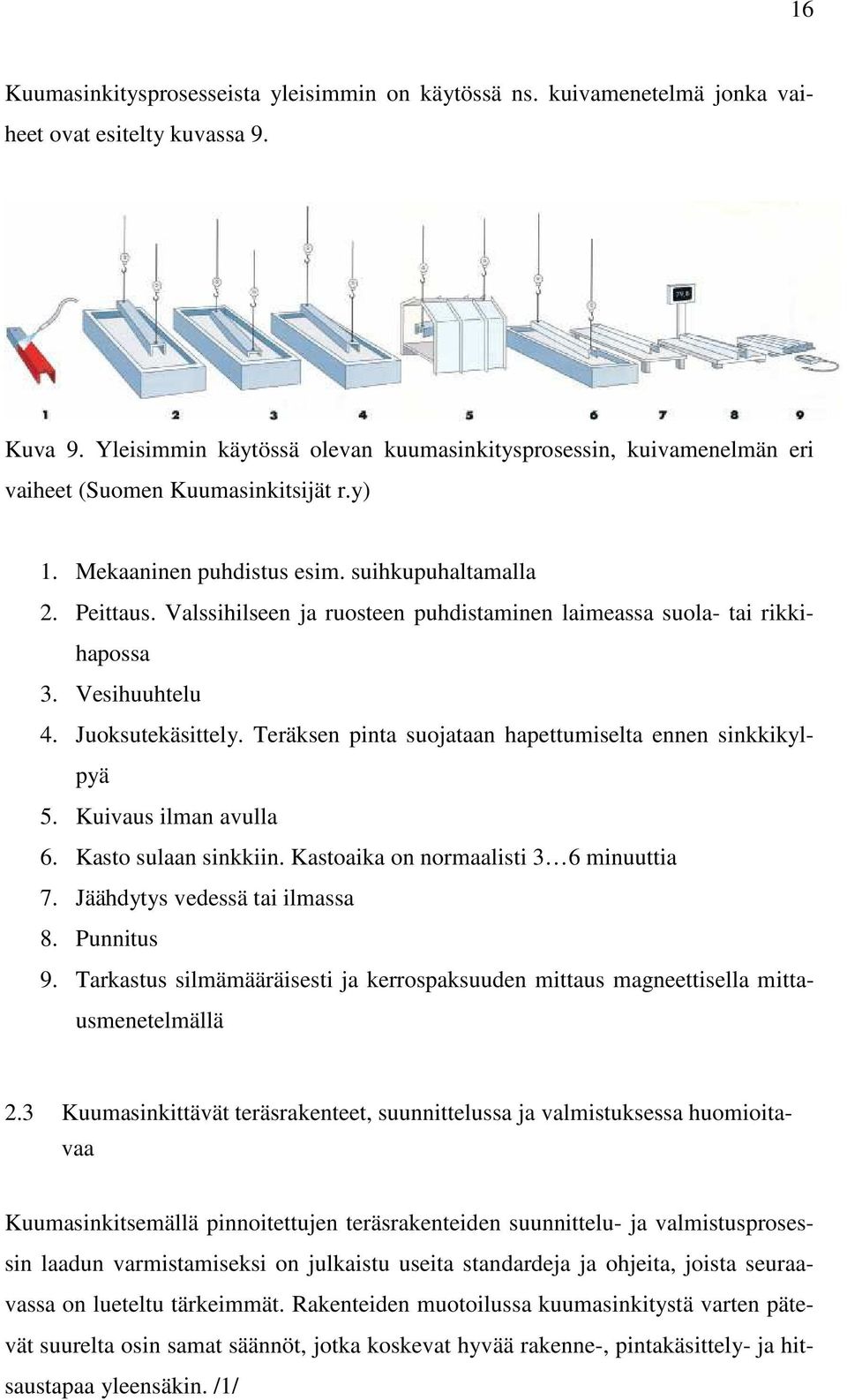 Valssihilseen ja ruosteen puhdistaminen laimeassa suola- tai rikkihapossa 3. Vesihuuhtelu 4. Juoksutekäsittely. Teräksen pinta suojataan hapettumiselta ennen sinkkikylpyä 5. Kuivaus ilman avulla 6.