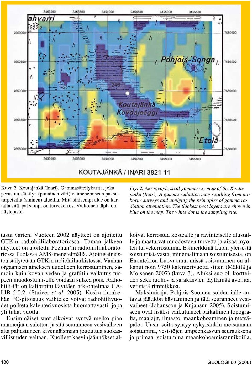 A gamma radiation map resulting from airborne surveys and applying the principles of gamma radiation attenuation. The thickest peat layers are shown in blue on the map.