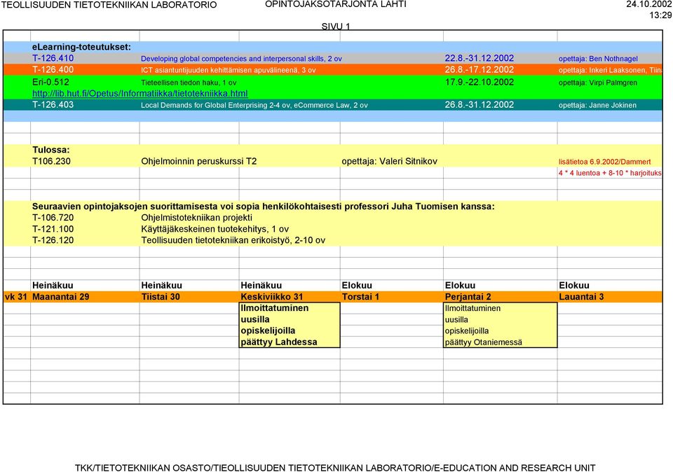 2002 opettaja: Virpi Palmgren http://lib.hut.fi/opetus/informatiikka/tietotekniikka.html T-126.403 Local Demands for Global Enterprising 2-4 ov, ecommerce Law, 2 ov 26.8.-31.12.2002 opettaja: Janne Jokinen Tulossa: T106.