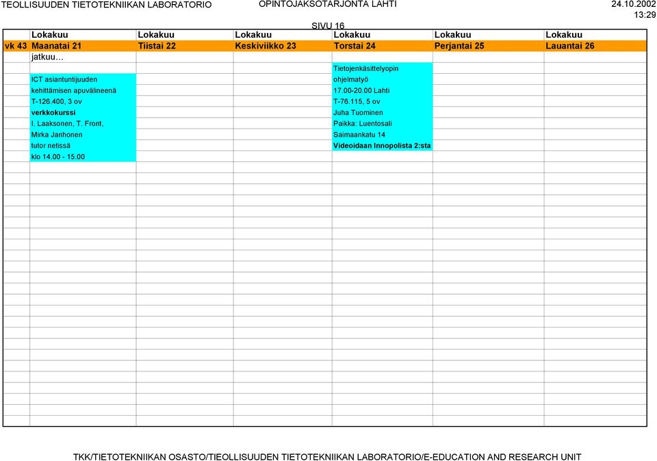 kehittämisen apuvälineenä 17.00-20.00 T-126.400, 3 ov T-76.115, 5 ov Juha Tuominen I. Laaksonen, T.