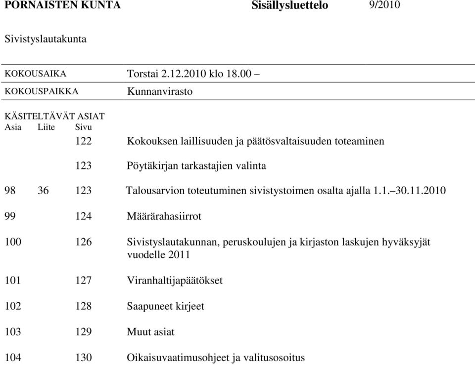 tarkastajien valinta 98 36 123 Talousarvion toteutuminen sivistystoimen osalta ajalla 1.1. 30.11.