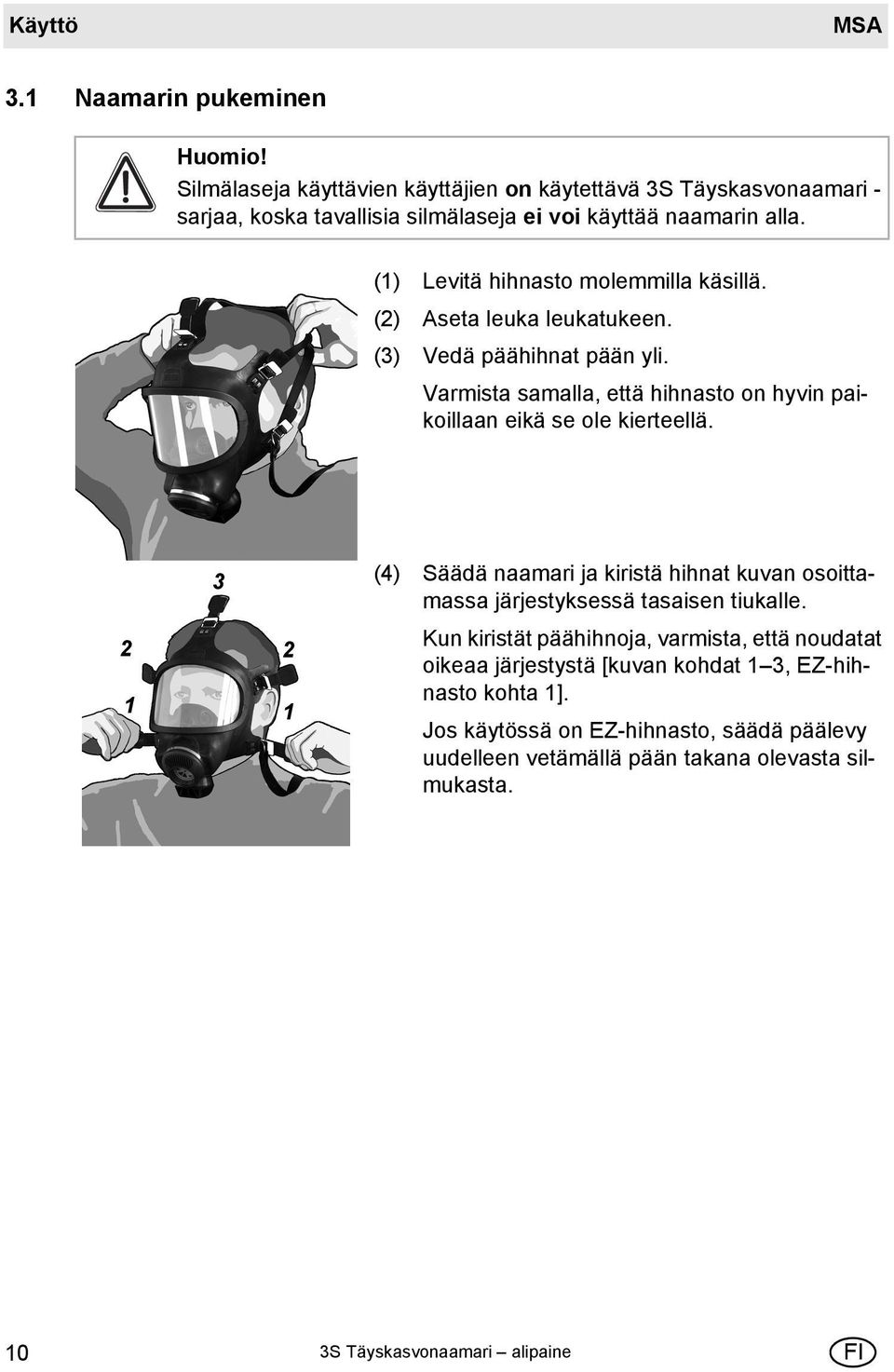 (1) Levitä hihnasto molemmilla käsillä. (2) Aseta leuka leukatukeen. (3) Vedä päähihnat pään yli.