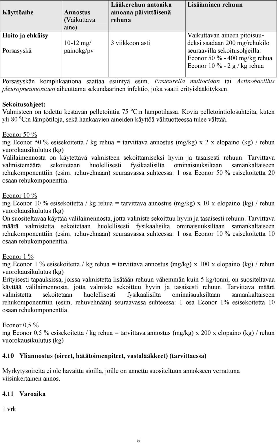 Sekoitusohjeet: Valmisteen on todettu kestävän pelletointia 75 o C:n lämpötilassa.