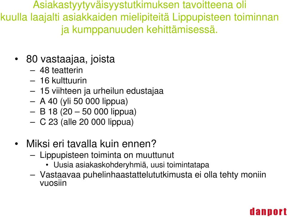 80 vastaajaa, joista 48 teatterin 16 kulttuurin 15 viihteen ja urheilun edustajaa A 40 (yli 50 000 lippua) B 18 (20 50