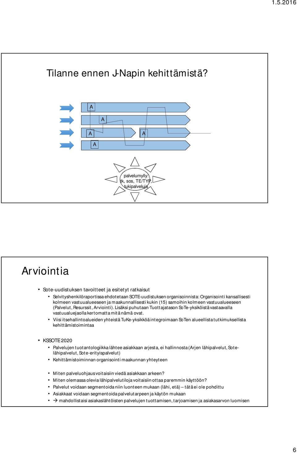 kansallisesti kolmeen vastuualueeseen ja maakunnallisesti kukin (15) samoihin kolmeen vastuualueeseen (Palvelut, Resurssit, Arviointi).