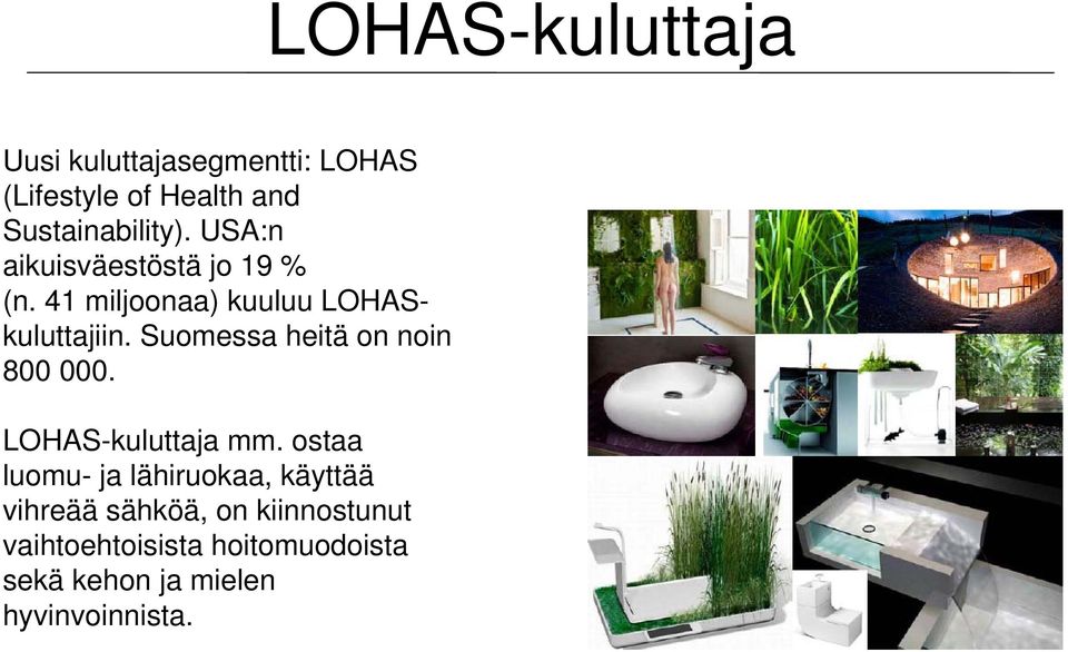 Suomessa heitä on noin 800 000. LOHAS-kuluttaja mm.