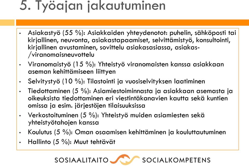 Tilastointi ja vuosiselvityksen laatiminen Tiedottaminen (5 %): Asiamiestoiminnasta ja asiakkaan asemasta ja oikeuksista tiedottaminen eri viestintäkanavien kautta sekä kuntien omissa ja