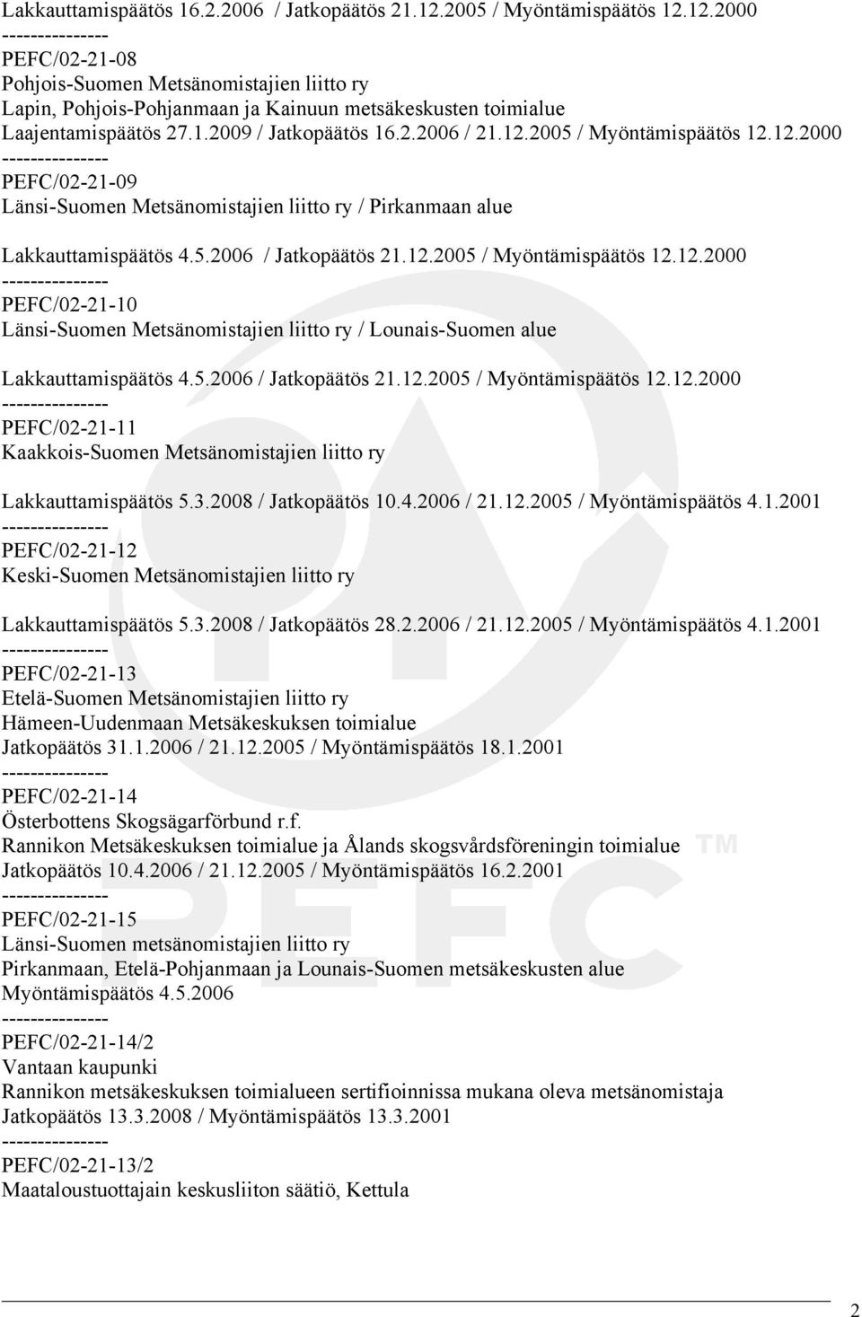 5.2006 / Jatkopäätös 21.12.2005 / Myöntämispäätös 12.12.2000 PEFC/02-21-11 Kaakkois-Suomen Metsänomistajien liitto ry Lakkauttamispäätös 5.3.2008 / Jatkopäätös 10.4.2006 / 21.12.2005 / Myöntämispäätös 4.