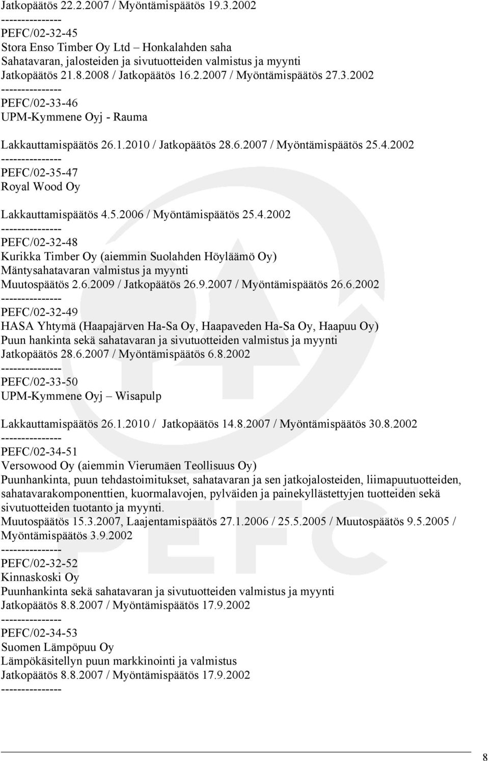 5.2006 / Myöntämispäätös 25.4.2002 PEFC/02-32-48 Kurikka Timber Oy (aiemmin Suolahden Höyläämö Oy) Mäntysahatavaran valmistus ja myynti Muutospäätös 2.6.2009 / Jatkopäätös 26.9.2007 / Myöntämispäätös 26.