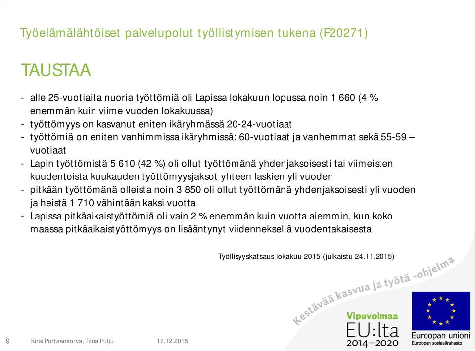 kuukauden työttömyysjaksot yhteen laskien yli vuoden - pitkään työttömänä olleista noin 3 850 oli ollut työttömänä yhdenjaksoisesti yli vuoden ja heistä 1 710 vähintään kaksi vuotta - Lapissa