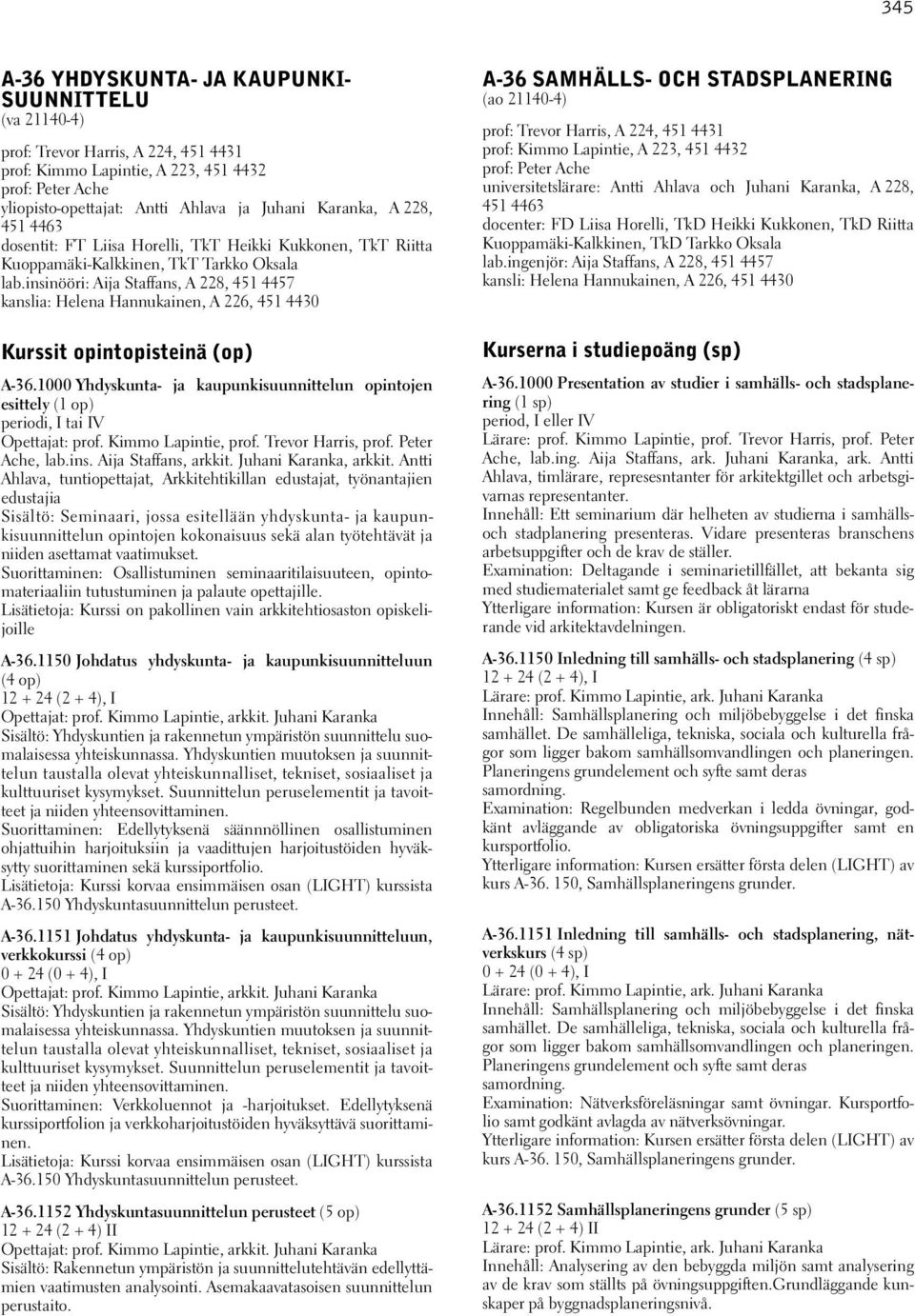 insinööri: Aija Staffans, A 228, 451 4457 kanslia: Helena Hannukainen, A 226, 451 4430 Kurssit opintopisteinä (op) A-36.