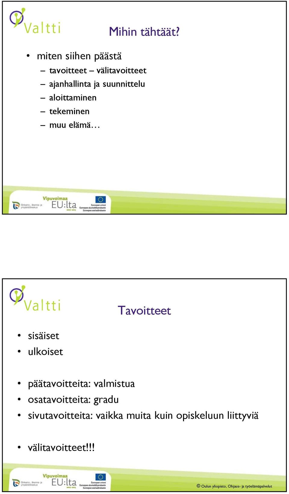 tekeminen muu elämä sisäiset ulkoiset Tavoitteet päätavoitteita: