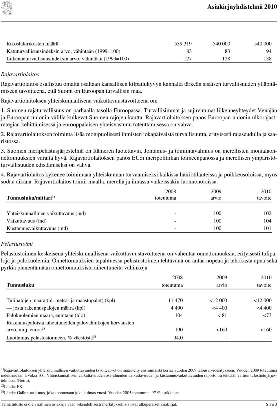 Rajavartiolaitoksen yhteiskunnallisena vaikuttavuustavoitteena on: 1. Suomen rajaturvallisuus on parhaalla tasolla Euroopassa.