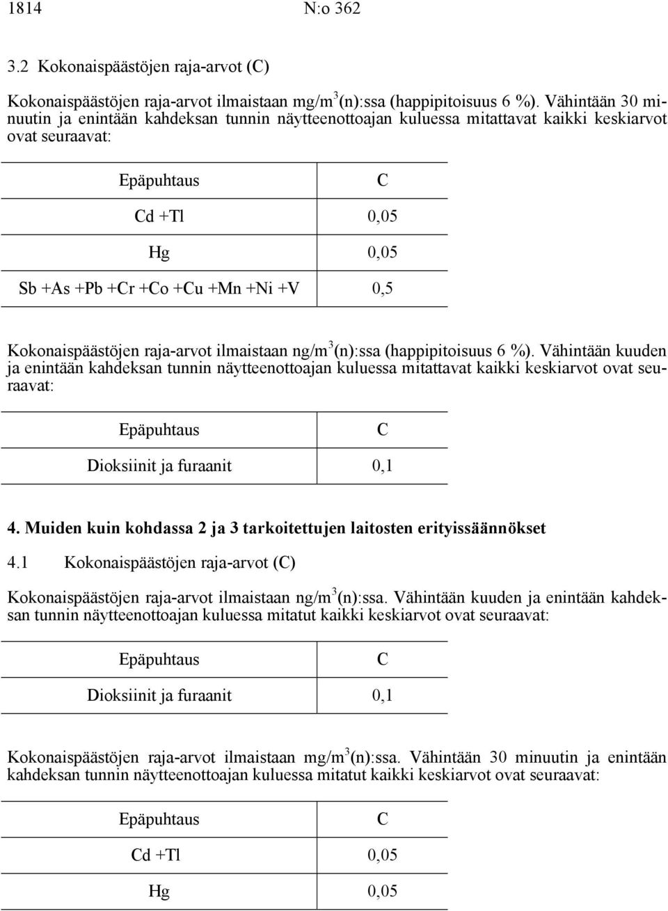 Kokonaispäästöjen raja-arvot ilmaistaan ng/m 3 (n):ssa (happipitoisuus 6 %).